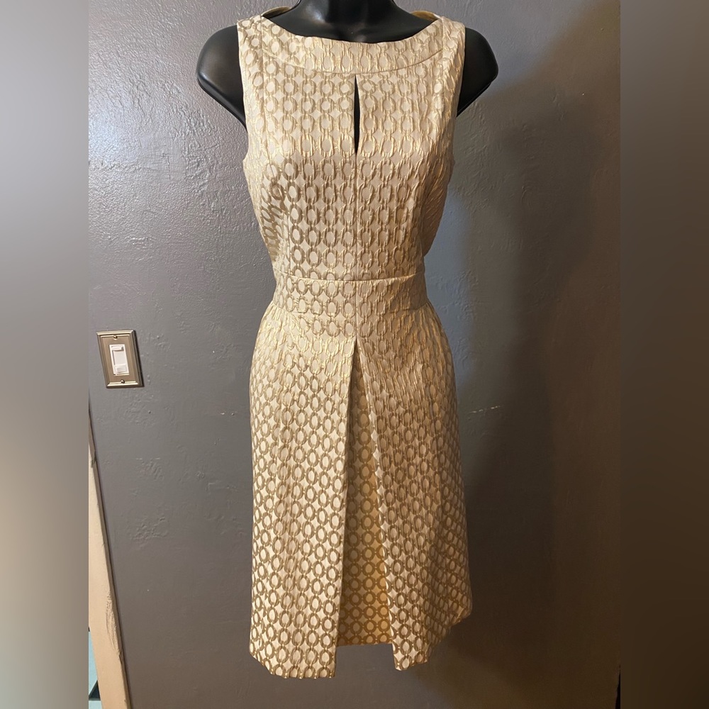 LAUREN Ralph Lauren Ivory and Gold Metallic  Brocade  Dress